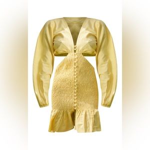 Yellow Shirred Button Cut Out Long Sleeve Bodycon Dress